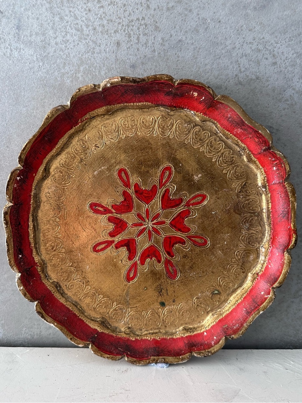 Vintage Italian Florentine orange and gold serving tray, 10" Hand Painted wood